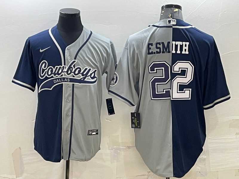 Men%27s Dallas Cowboys #22 Emmitt Smith Navy Grey Split With Patch Cool Base Stitched Baseball Jersey->dallas cowboys->NFL Jersey